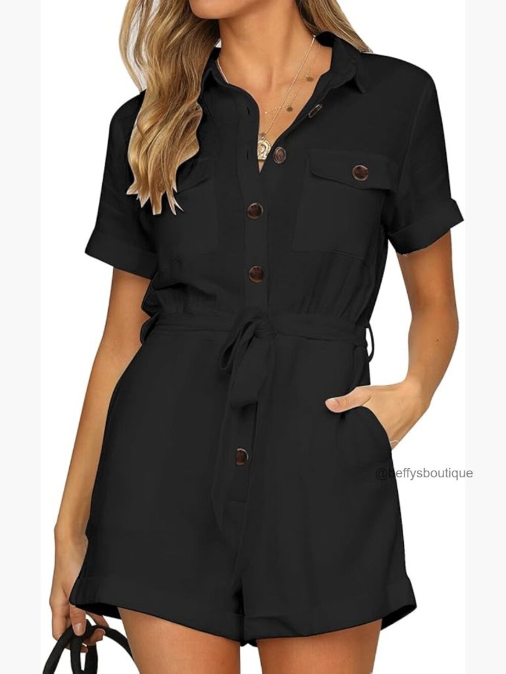 Short Sleeve Cotton Button Down Romper with Belt and Pockets